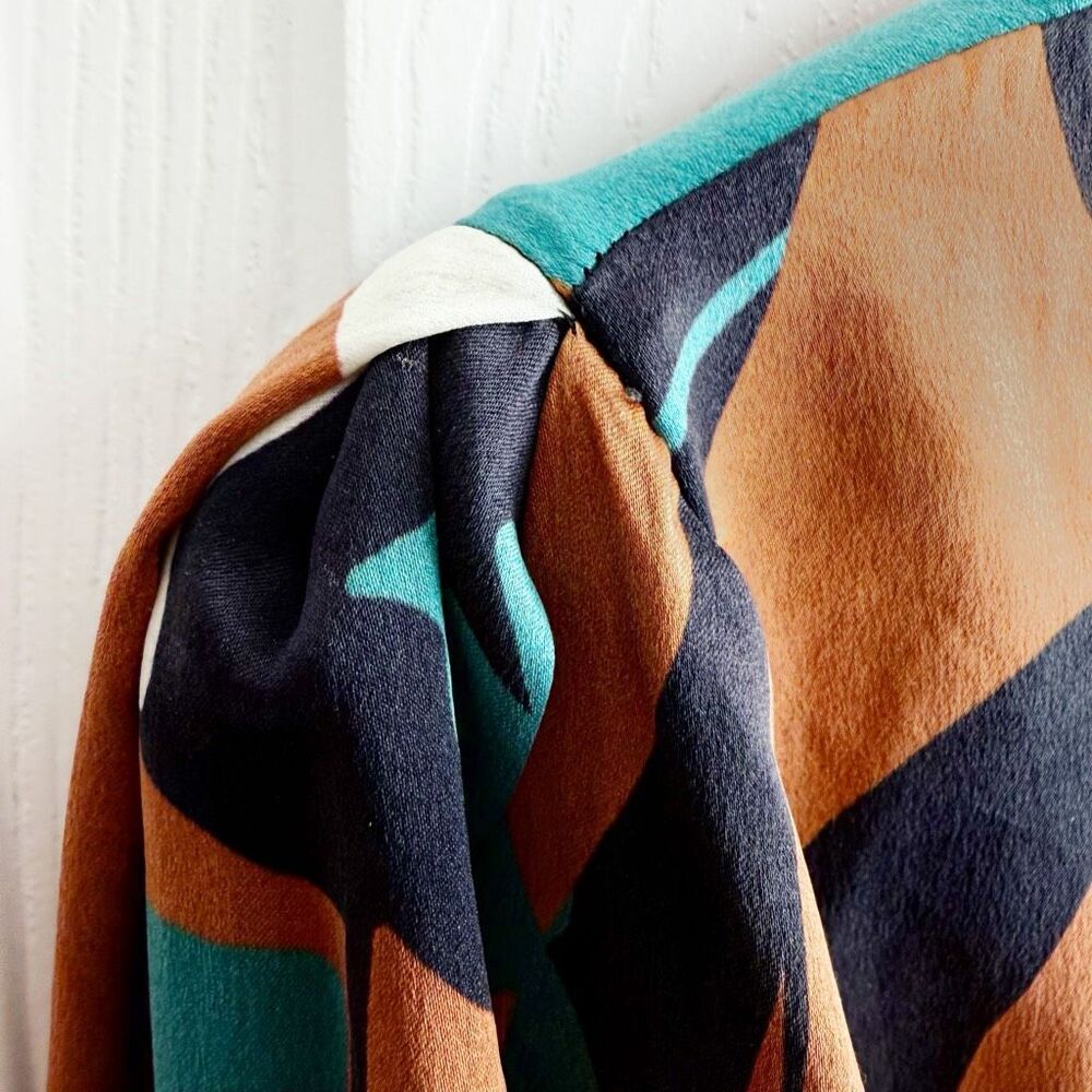 CHRISTY LYNN Silk Floral Dress Size Medium Drop Waist Luxury Brown Red Teal - Picture 13 of 16